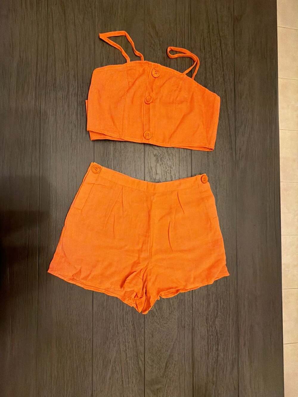 #35Nasty Gal Collection Orange Linen-Look Button-Up Crop Top and High-Waisted Sh - Picture 1 of 14